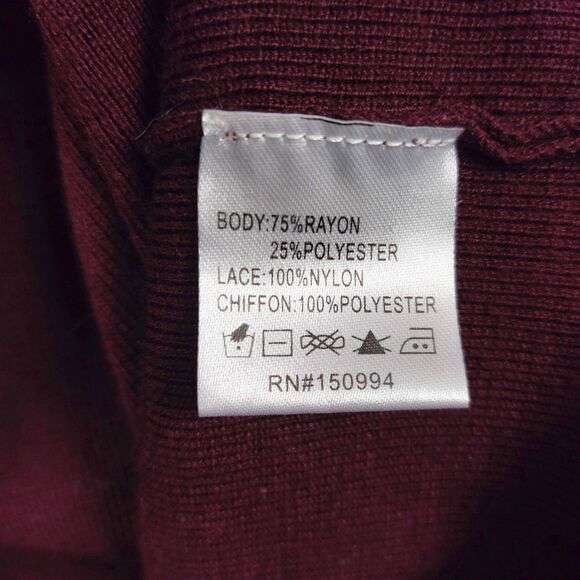 Belldini Plus 3X Top Burgundy Mock Neck Sweater Lace Chiffon Pleated Romantic - Picture 7 of 8